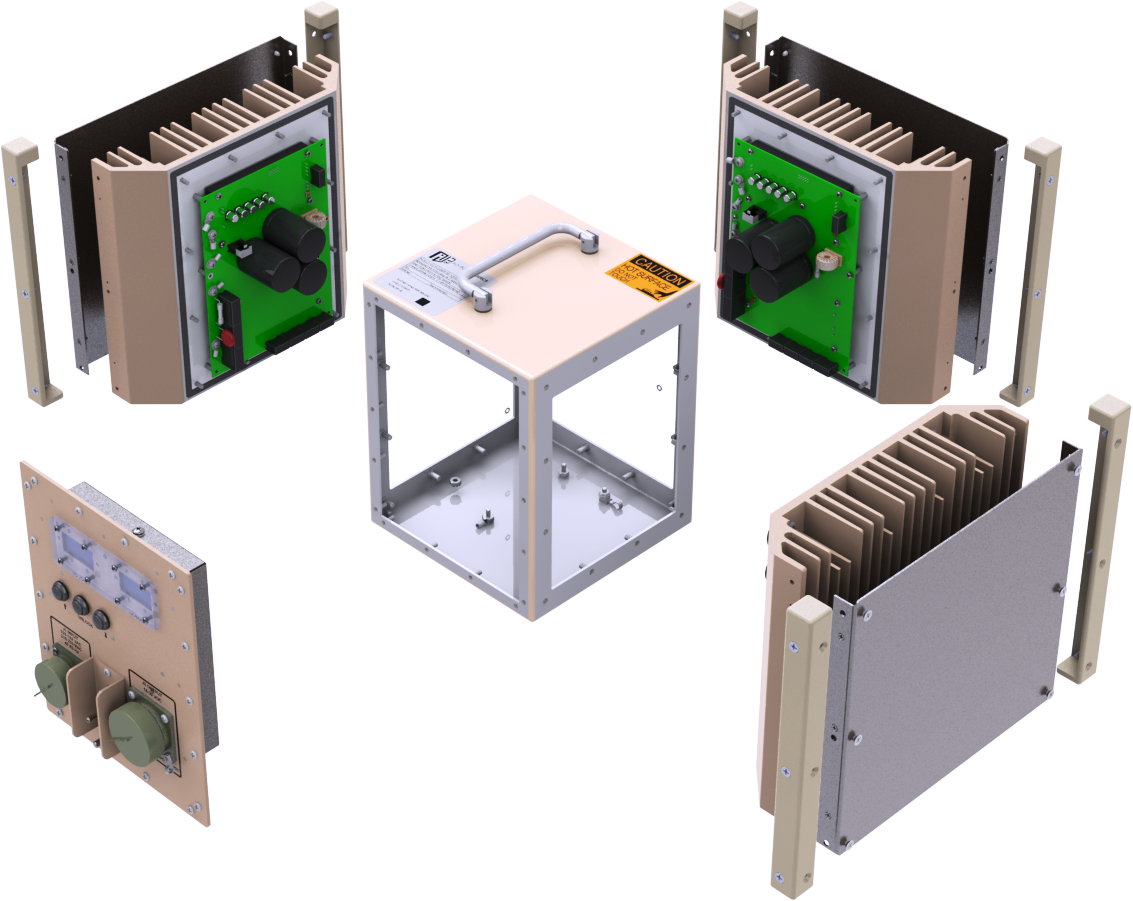 Exploded view diagram of custom engineered rugged waterproof power supply architecture